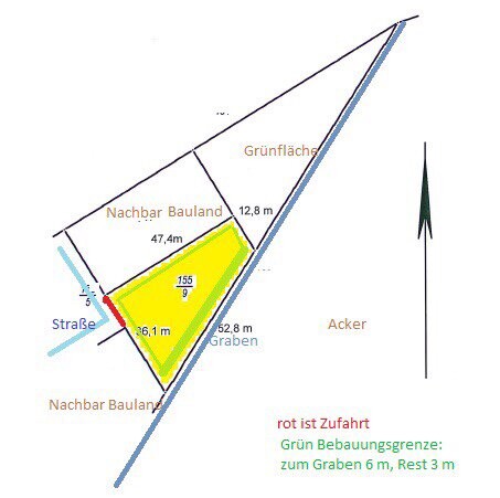 Trianguläres Baugrundstücksplan mit Grenzlinien, Maßen und Grünflächen