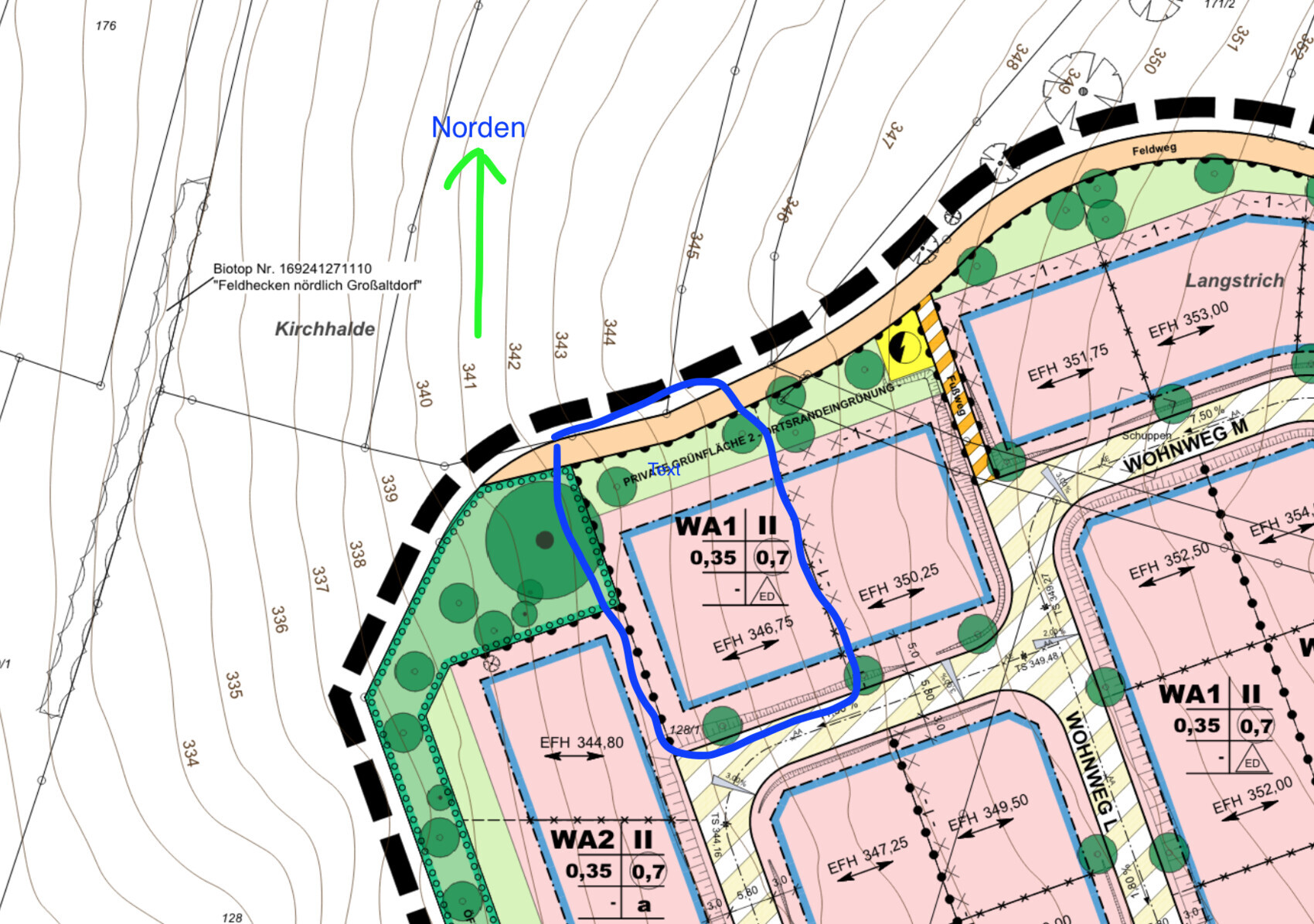 Lageplan eines Baugrundstücks mit Grundstücksgrenzen, Straßen, Bäumen und Gebäudestrukturen WA1 II