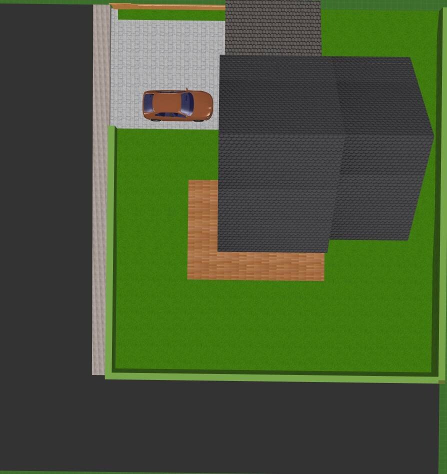 Vogelperspektive eines Hauses mit dunklem Dach, grünem Garten, gepflasterter Einfahrt und Auto.