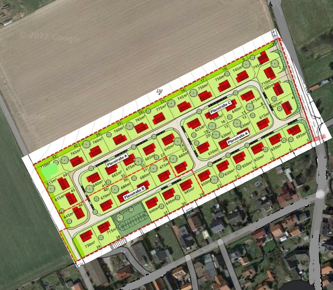 Lageplan eines Wohngebiets: Luftaufnahme mit roten Häusern, grünen Parzellen und Planstraße A–C.