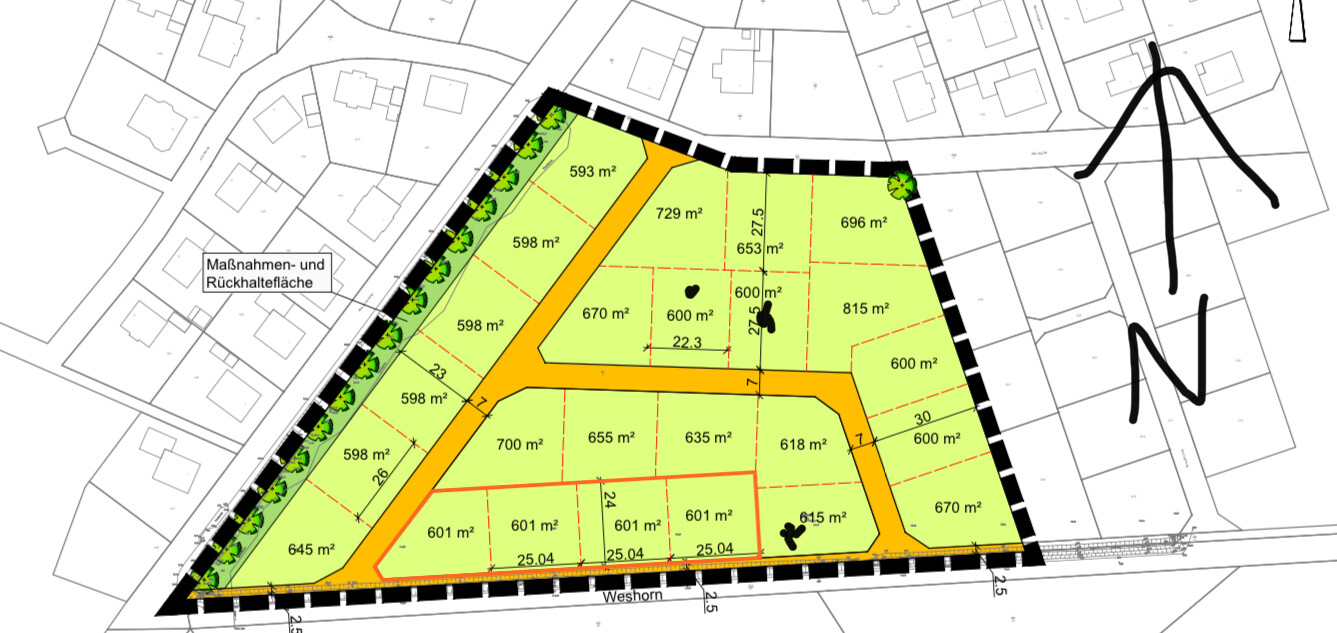 Lageplan eines Baugebiets mit Parzellenflächen (in m²), Straßenführung und Randbegrenzung.