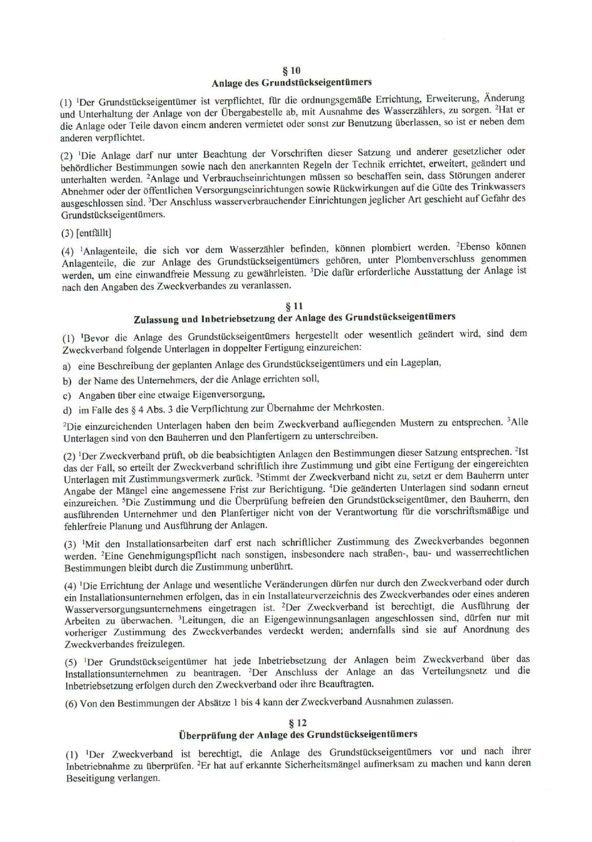 Deutsches Rechtsdokument: Seite mit §10–§12, Anlagen des Grundstückseigentümers.