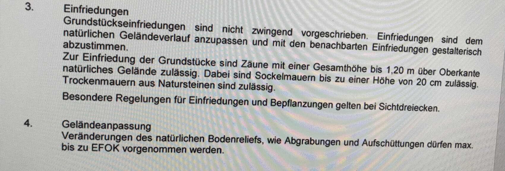 Dokumentenseite mit Text zu Einfriedungen und Grundstücksregelungen
