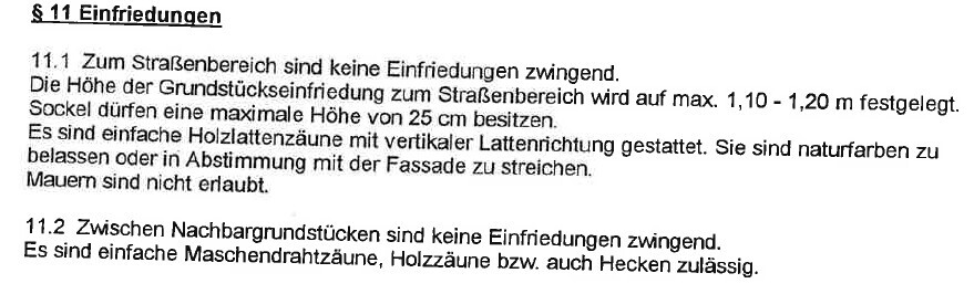 Dokumenttext zu Grundstückseinfriedungen, Zäunen und Mauern im Straßenbereich
