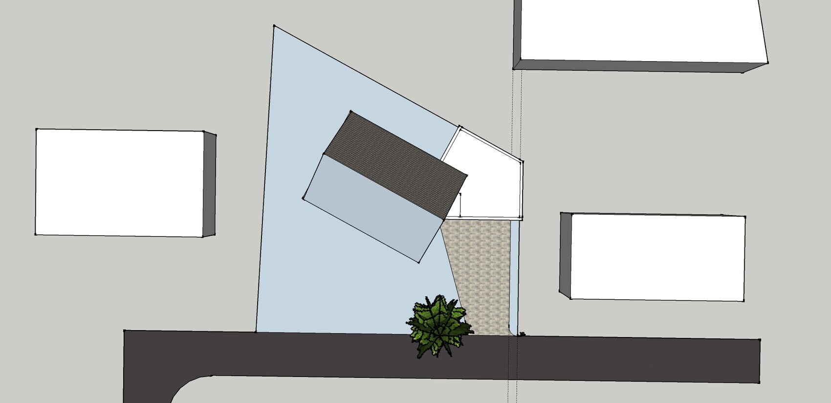 Top-Down Lageplan eines Grundstücks mit Gebäuden, Hof und Gartenbereich.