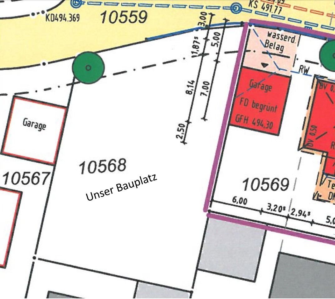 Lageplan eines Bauplatzes mit Grundstücksgrenze, Garage und Bauplatztext Unser Bauplatz