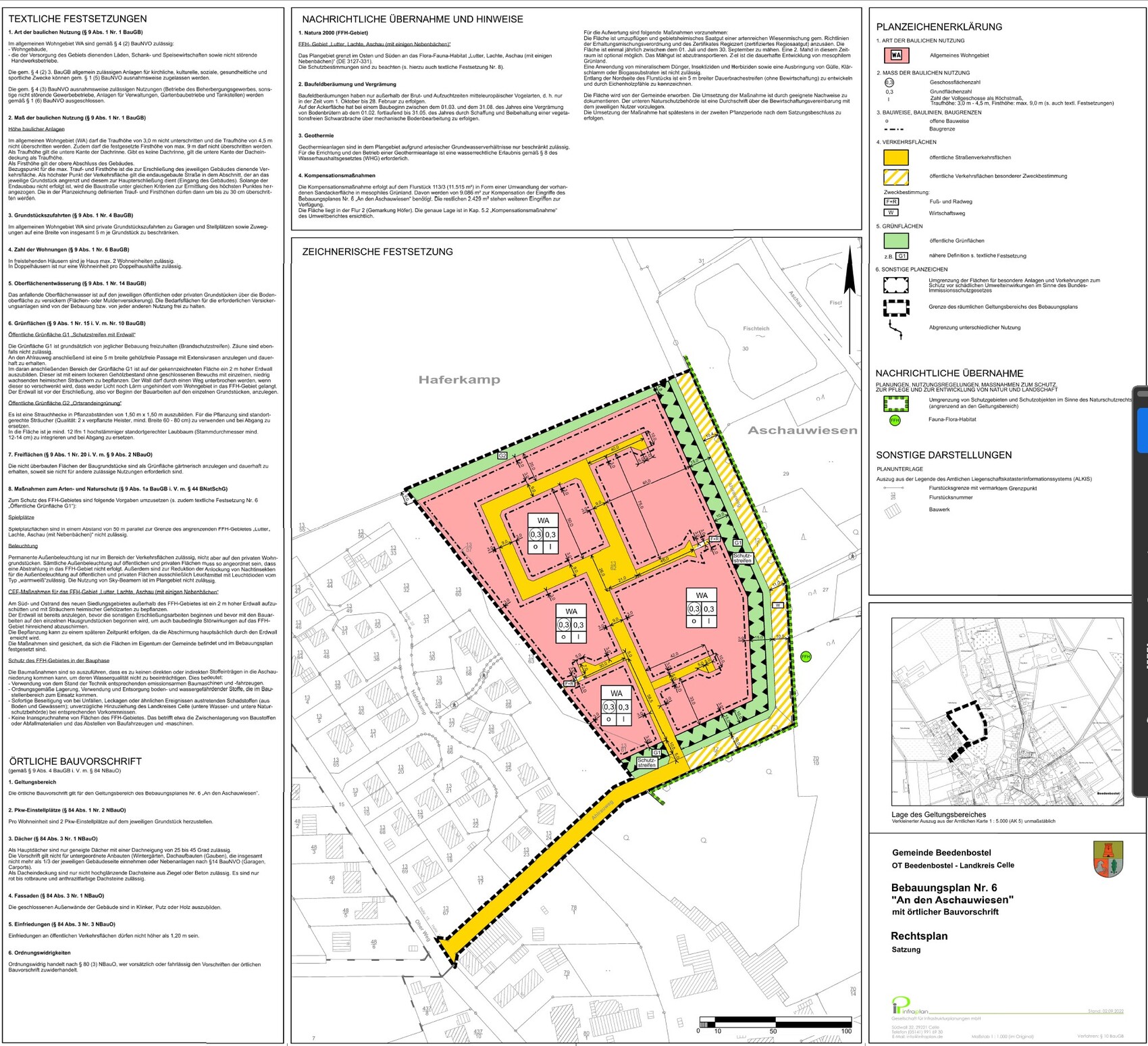 Lageplan eines Bebauungsplans mit Grundstücksgrenzen und farblich markierten Bereichen.