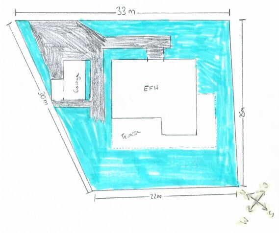 Grundriss: zentrales EFH, Terrasse, Garage links, blaue Umrandung, Maßangaben.