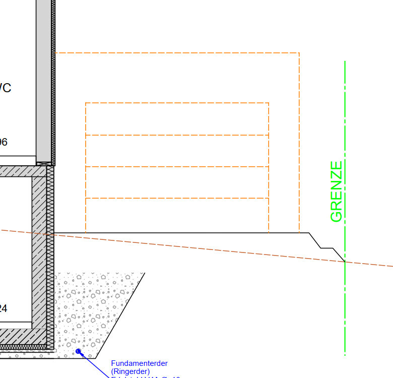 Bauplan: Fundamenterder (Ringerder) mit grüner Grenzlinie und orange Rechteckmarker.