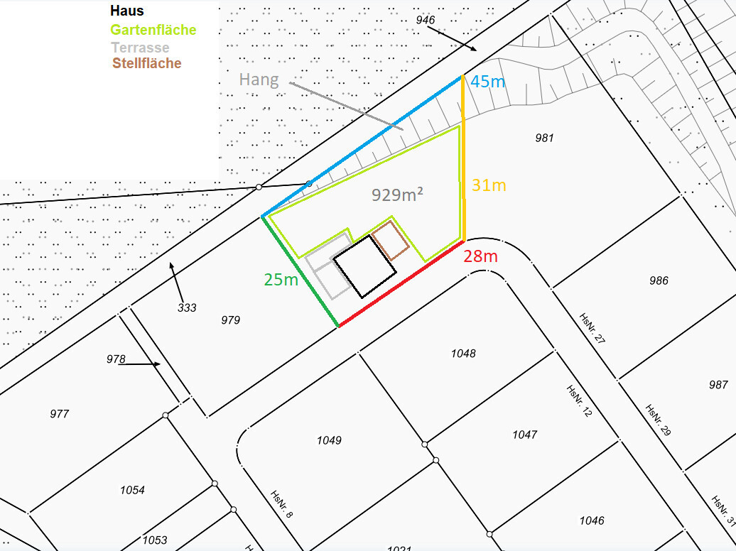 Lageplan eines Grundstücks: Haus, Gartenfläche grün, Terrasse orange, Stellfläche rot, 929 m².
