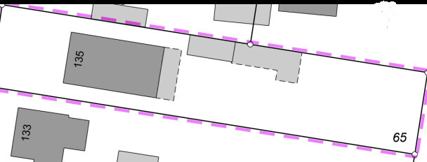 Lageplan: Block mit Gebäuden Nr. 133, 135 und 65; pinke gestrichelte Umrandung.