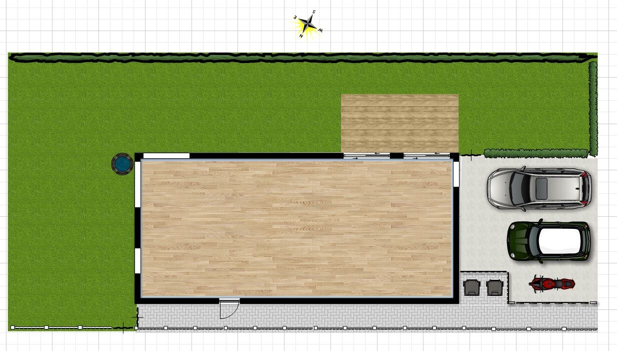 Top-Down-Lageplan eines Hauses mit Garten, Terrasse und Parkplatz