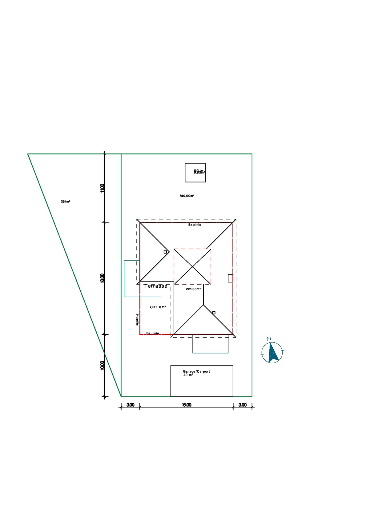 Grundstücks- und Hausgrundriss mit Terrasse und Carport auf der Parzelle