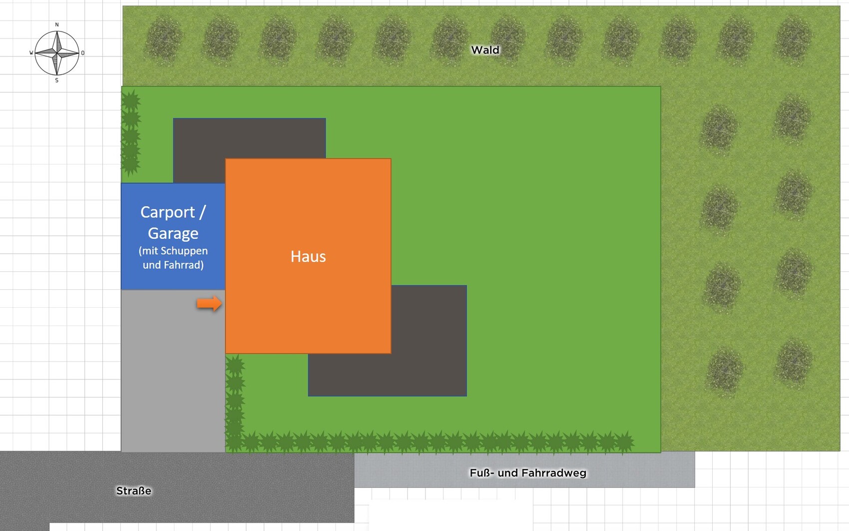 Grundriss eines Hauses mit Carport/Garage, Garten, Wald im Hintergrund und Geh-/Fahrradweg.