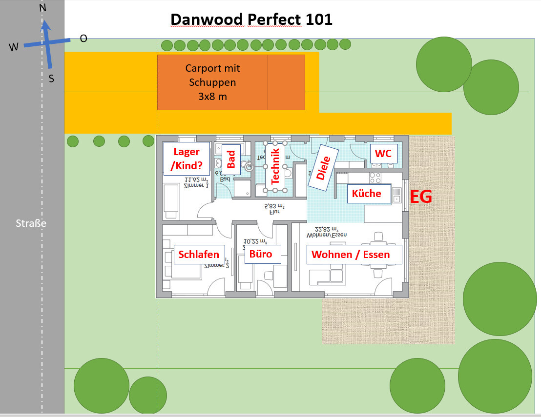 Grundriss Danwood Perfect 101: Schlafen, Büro, Wohnen/Essen, Küche, Bad; Carport und Garten