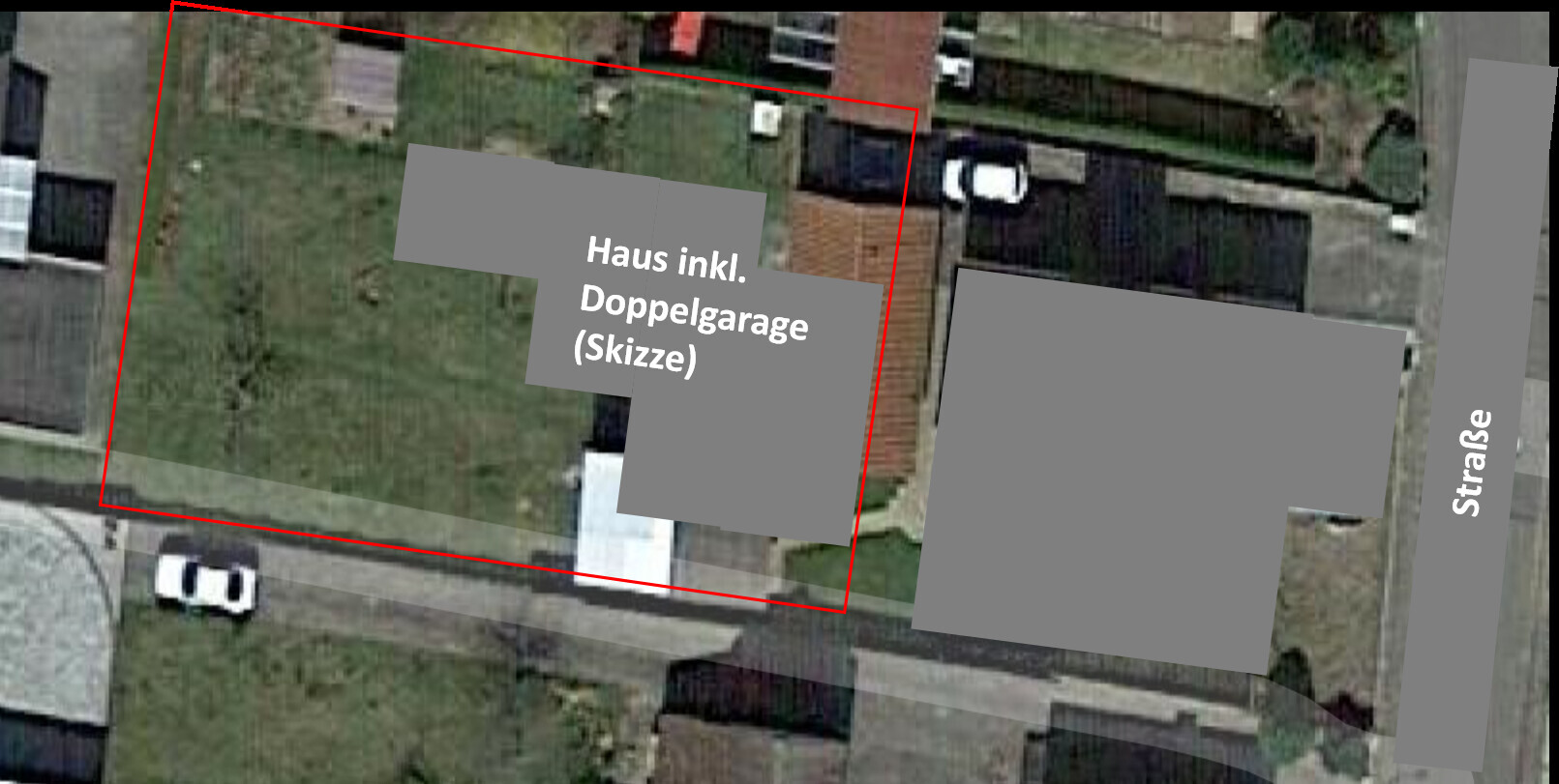 Luftaufnahme eines Grundstücks: Haus mit Doppelgarage, rot markierter Umriss, angrenzende Straße.
