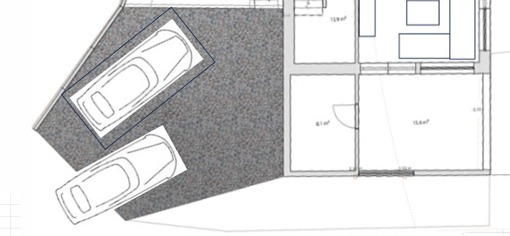 Draufsicht-Grundriss: zwei diagonal geparkte Autos auf grauer Zufahrt neben dem Haus