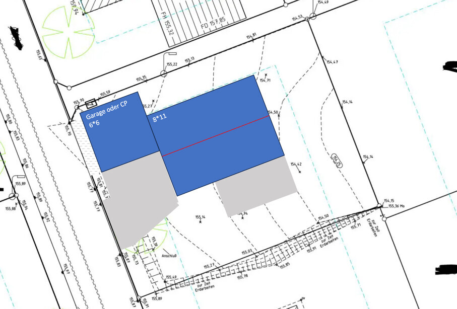 Lageplan eines Gebäudekomplexes: blauer Hauptbau, graue An- und Nebengebäude, roter Trennstrich.