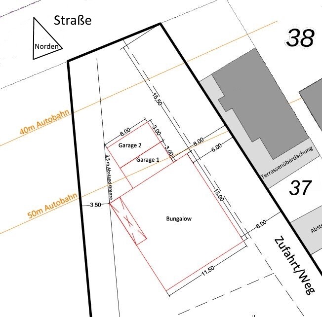 Lageplan eines Baugrundstücks mit Bungalow, Garagen und Zufahrt