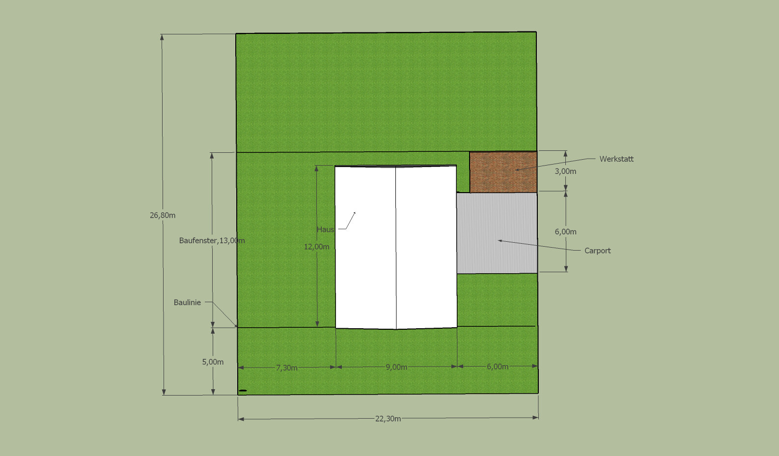 Grundriss eines Grundstücks: weißes Haus, braune Werkstatt rechts, grauer Carport, grüne Fläche.