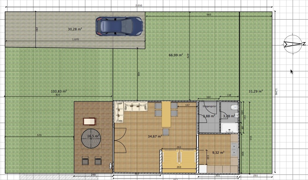Grundrissplan eines Grundstücks mit Haus, Garten, Zufahrt und Carport