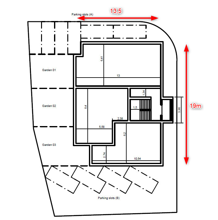 Lageplan eines Gebäudekomplexes mit Parkplätzen A und B, Gärten 01–03 und Innenräume mit Maßangaben.