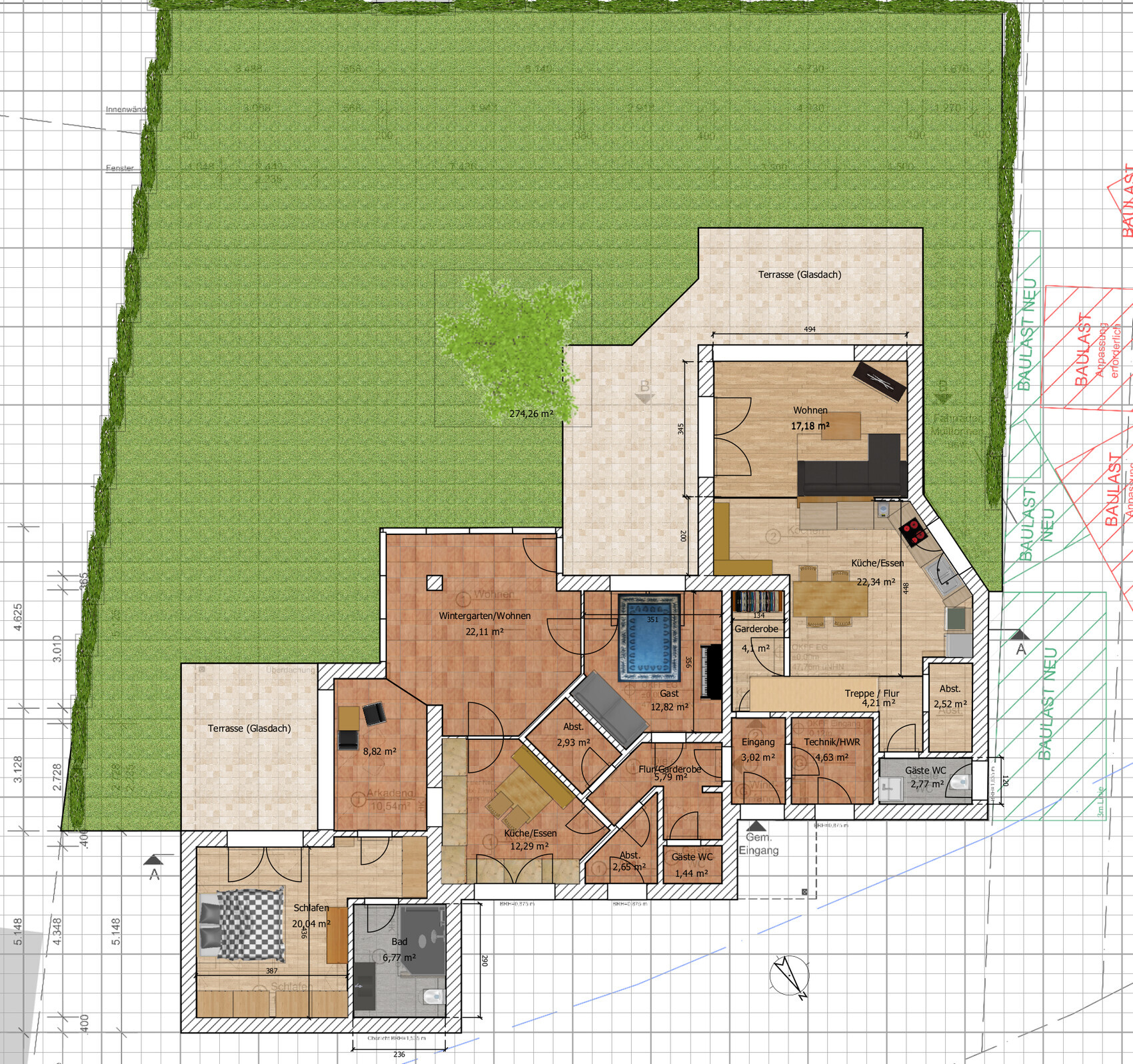 Grundriss eines Hauses mit Terrasse, Garten und Wohn- sowie Küchenbereichen