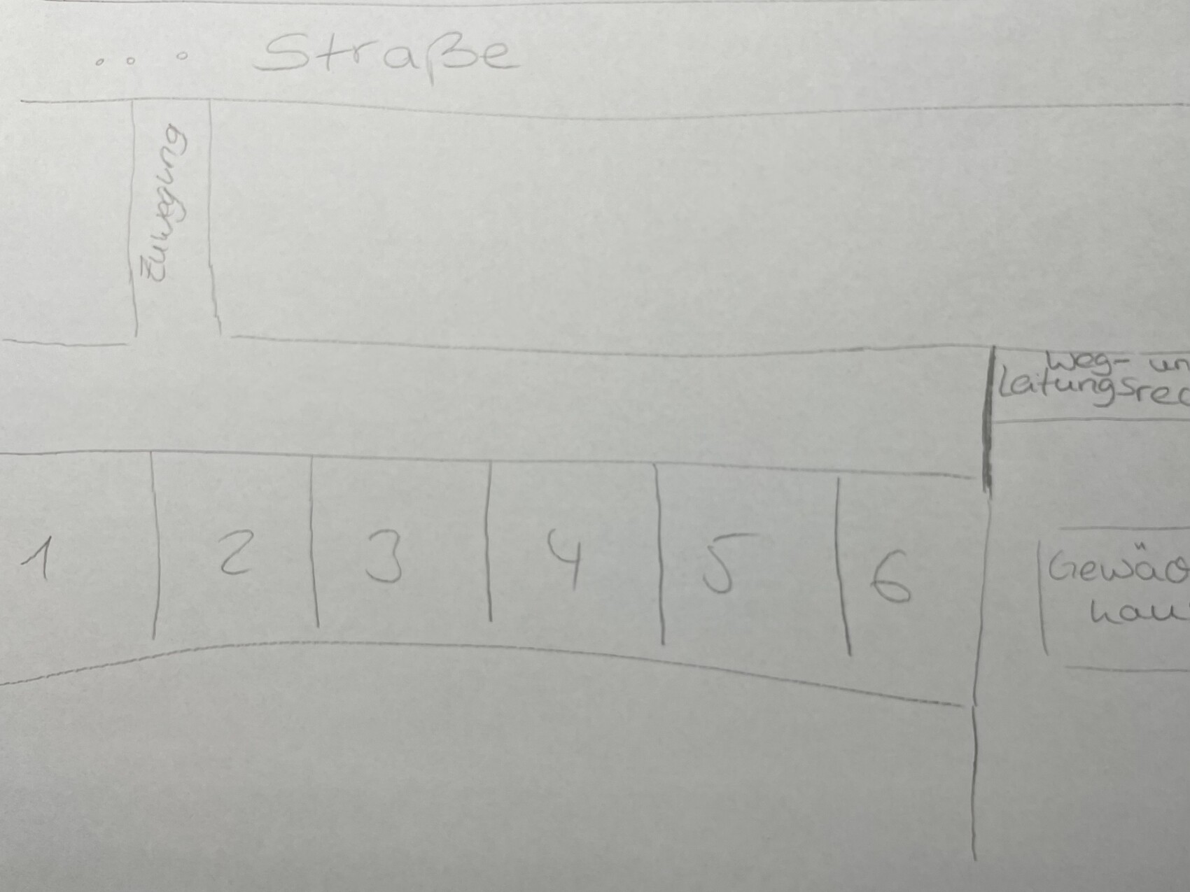 Skizze einer Straße mit Abschnitten 1-6, linke Verengung und rechter Weg/Lagebereich.