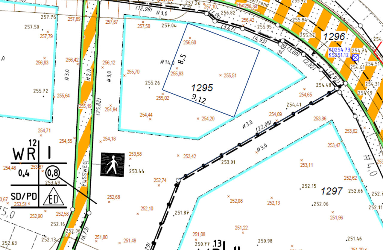 Liegenschaftskarte mit Parzellen 1295 und 1297, blaue Umrisse, Straße und Höhenangaben.