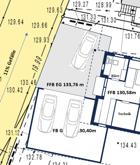 Lageplan eines Gebäudekomplexes mit Parkplätzen und Büro- sowie Technikflächen.