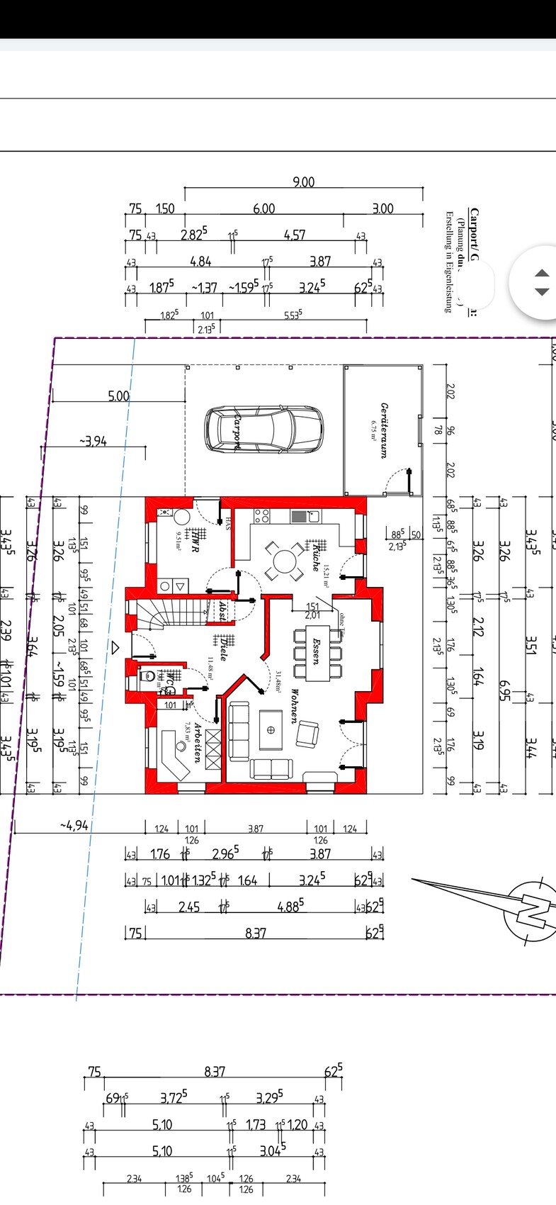 Grundriss eines Hauses mit roten Innenwänden, Küche, Wohnen, Esszimmer und Garage.