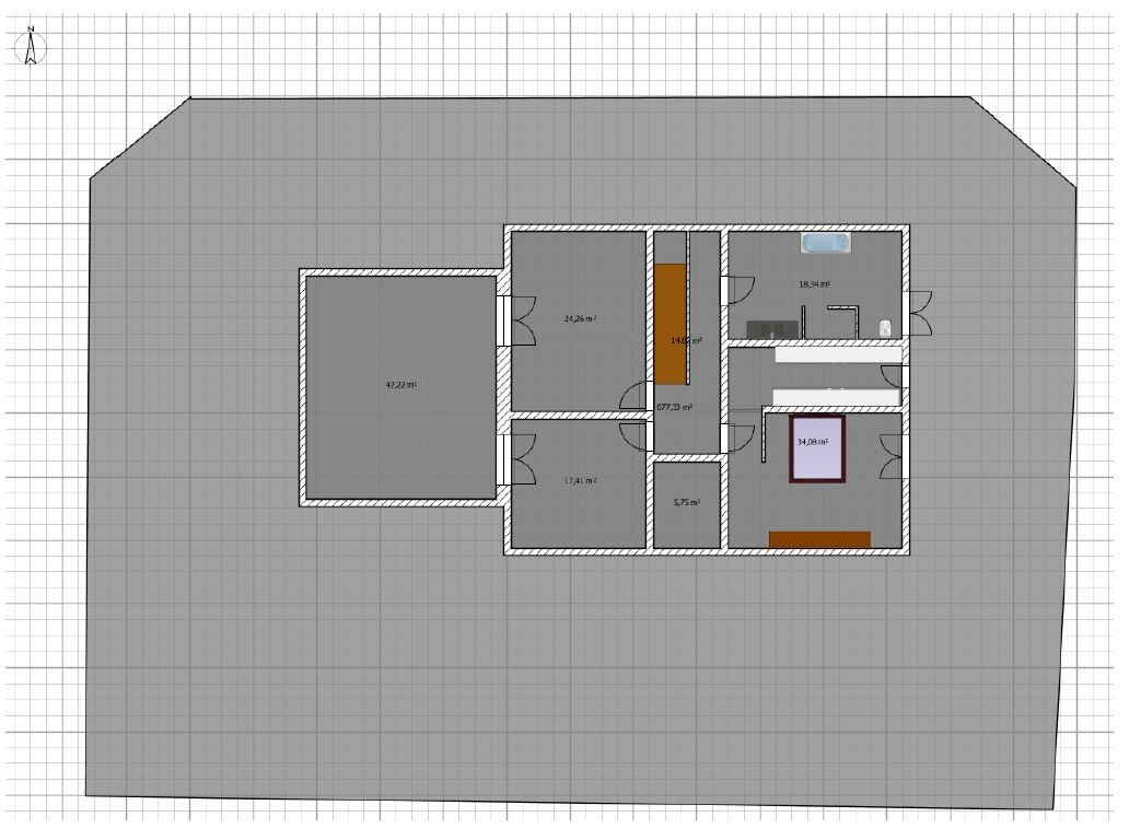 Grundriss eines Hauses mit mehreren Zimmern, Flur und Türen; linkes großes Zimmer, rechte Räume.
