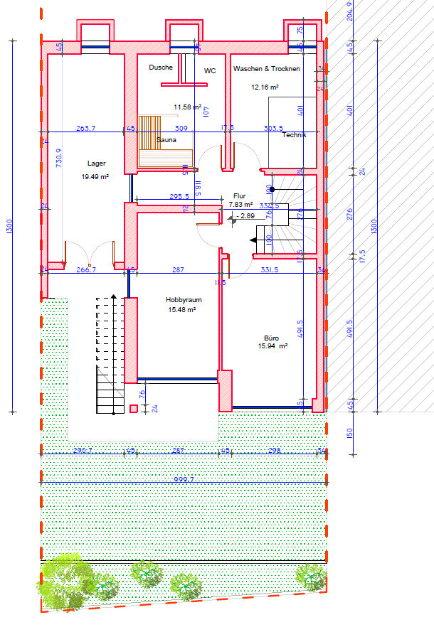 Grundriss eines Hauses mit Büro, Hobbyraum, Lager, Sauna, Dusche, WC, Waschen & Trocknen, Garten.