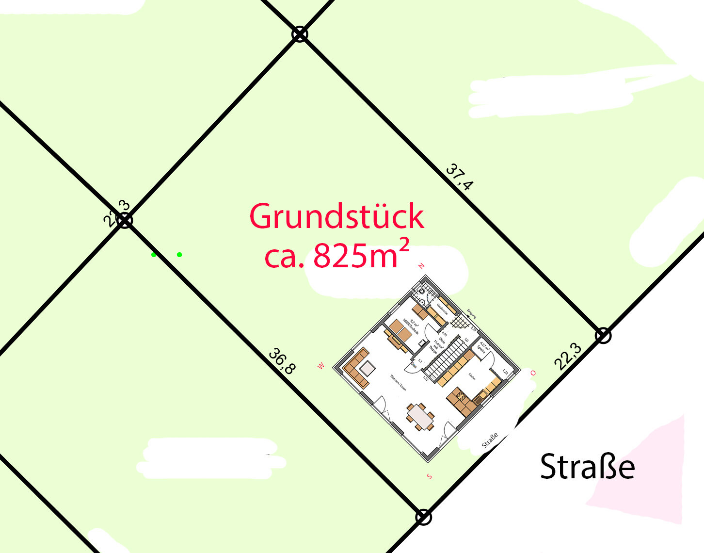 Überlagerter Hausgrundriss auf Grundstück ca. 825 m² neben Straße