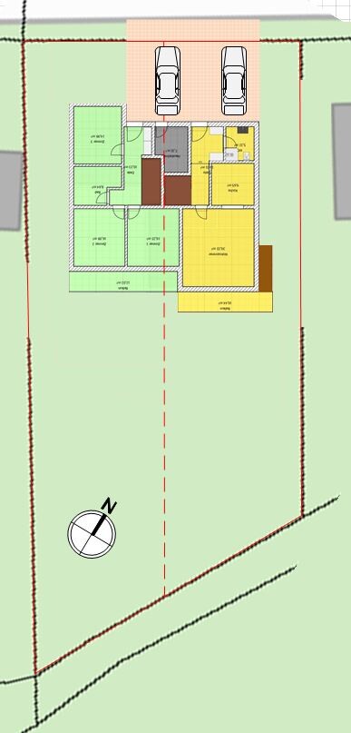 Grundriss eines Hauses mit zwei Parkplätzen, farblich markierte Zimmer, Gartenumrandung.