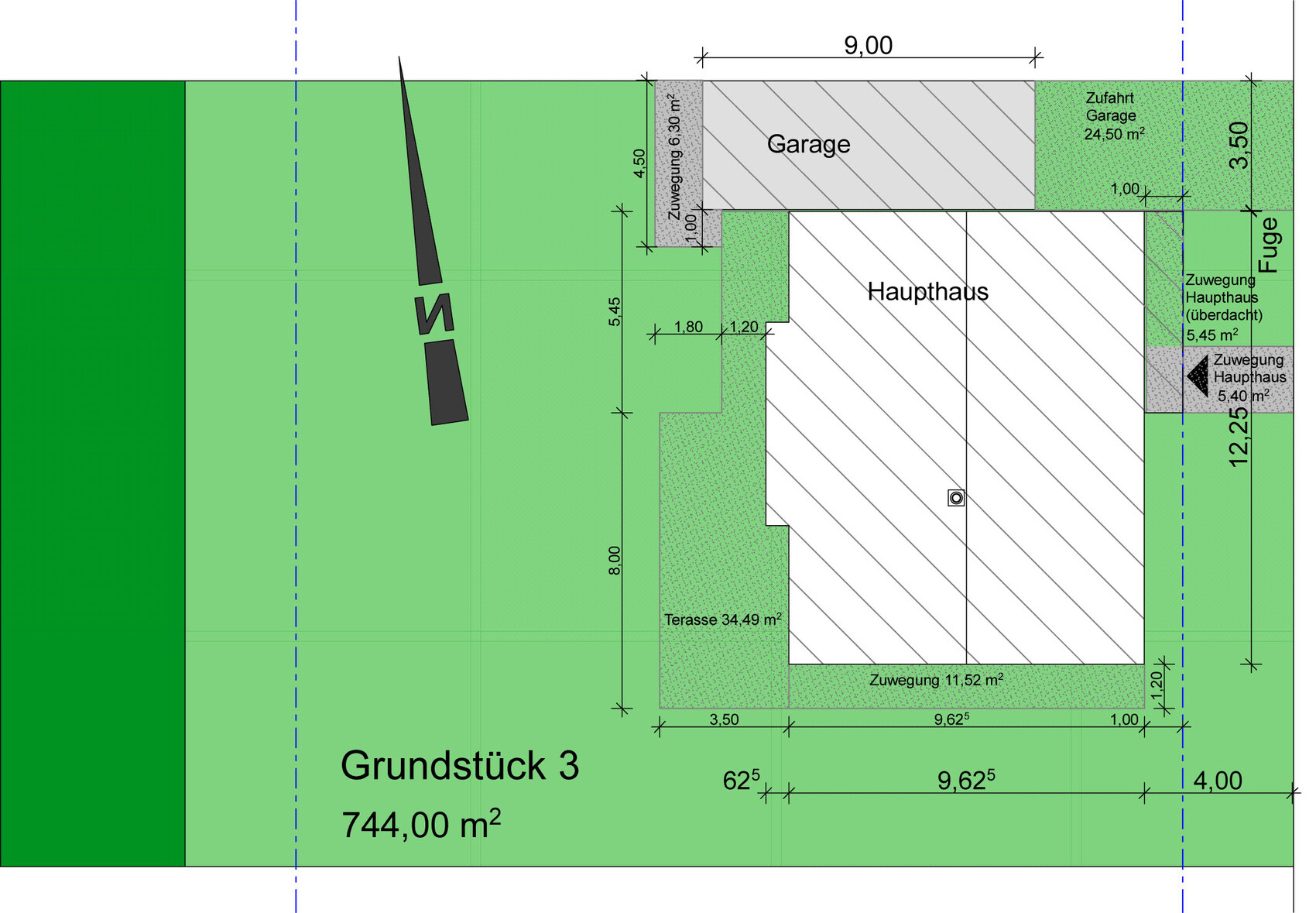 Lageplan eines Grundstücks mit Haus, Garage, Terrasse und Garten