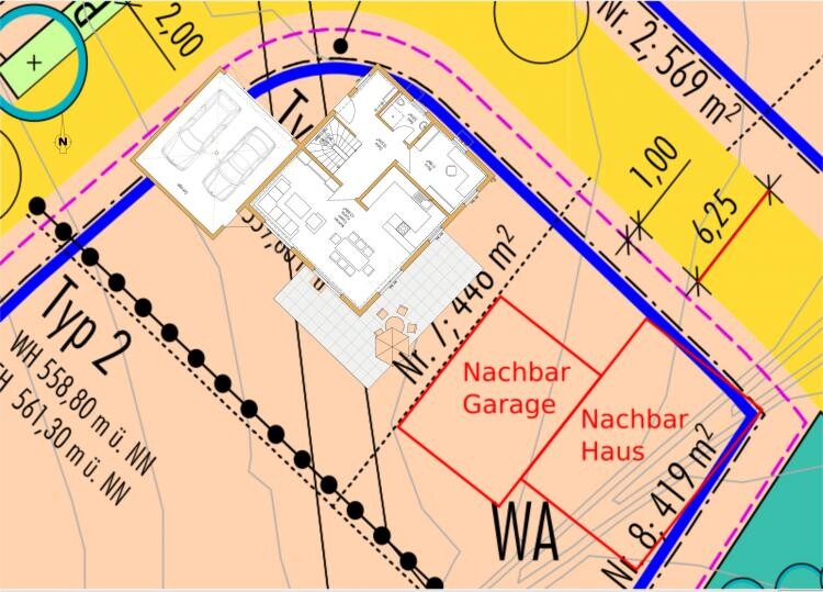 Lageplan mit Hausgrundriss auf Grundstück, Nachbar Garage und Bauflächen