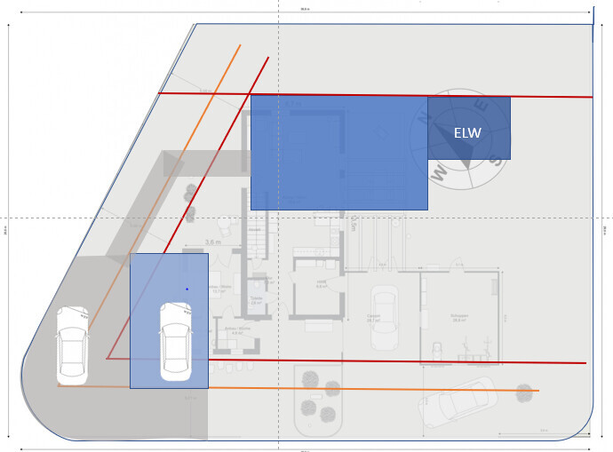 Lageplan eines Gebäudekomplexes mit Parkplätzen, Carport, Linien; ELW-Bereich in Blau.