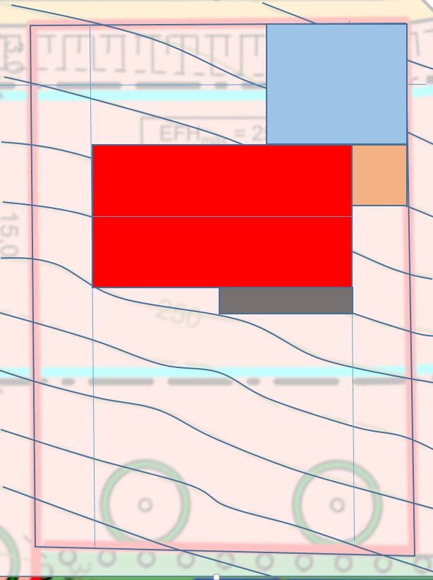 Rotes Rechteck zentral, blaues Quadrat rechts, kleiner beiger Block rechts, grauer Block unten.