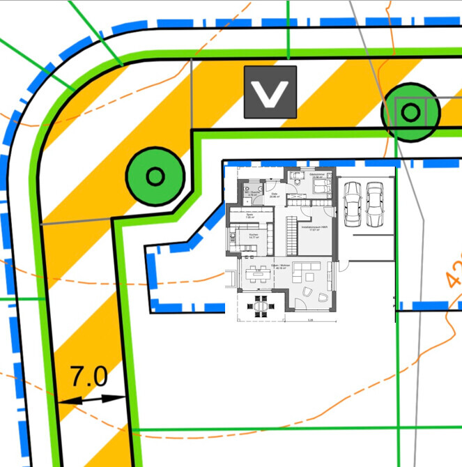 Top-Down-Lageplan eines Hauses mit Grundriss, Garage, Wegen und farbigen Grenzlinien