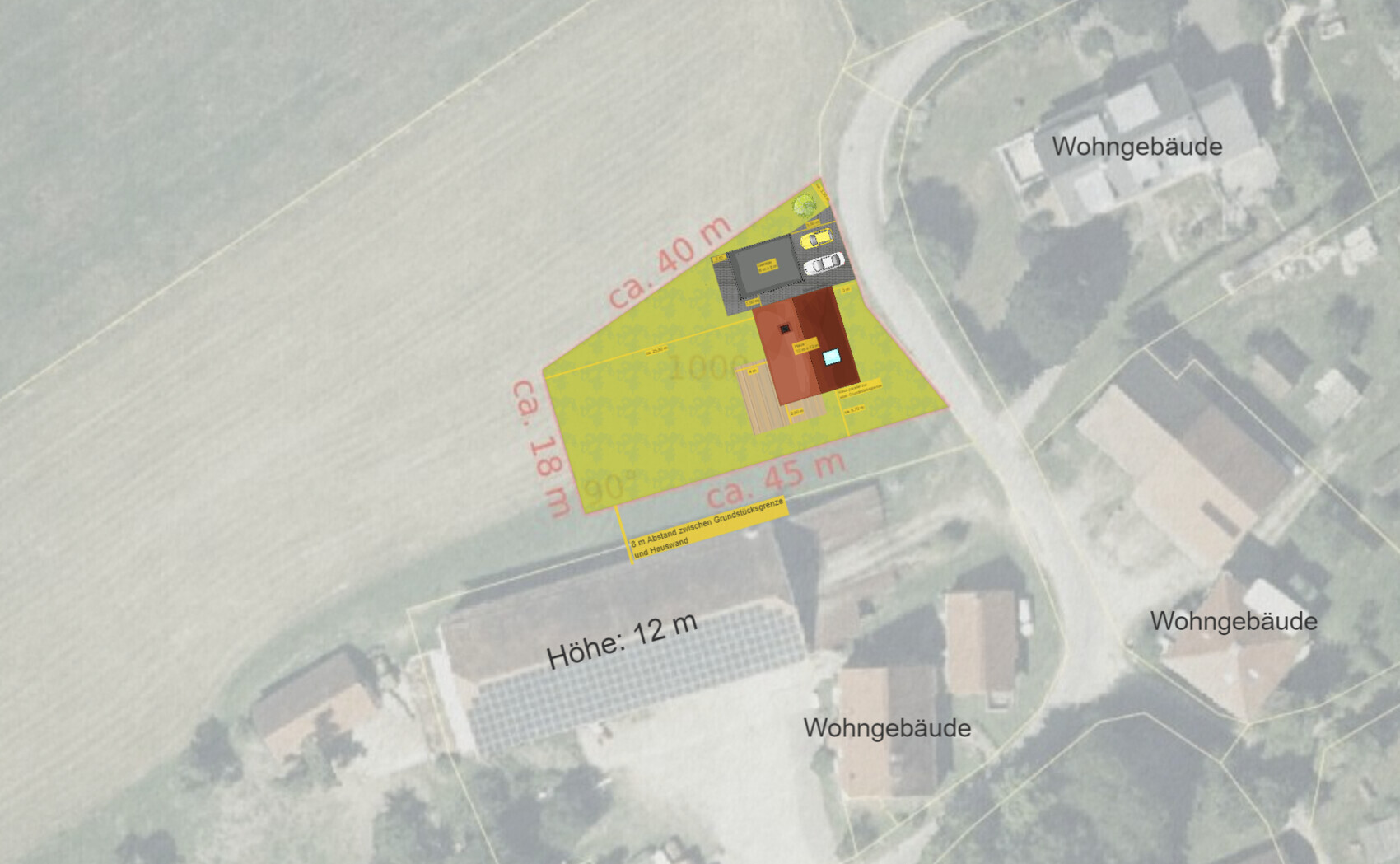 Lageplan eines Grundstücks mit gelber Markierung, Gebäuden, Autos und umliegenden Wohnhäusern.