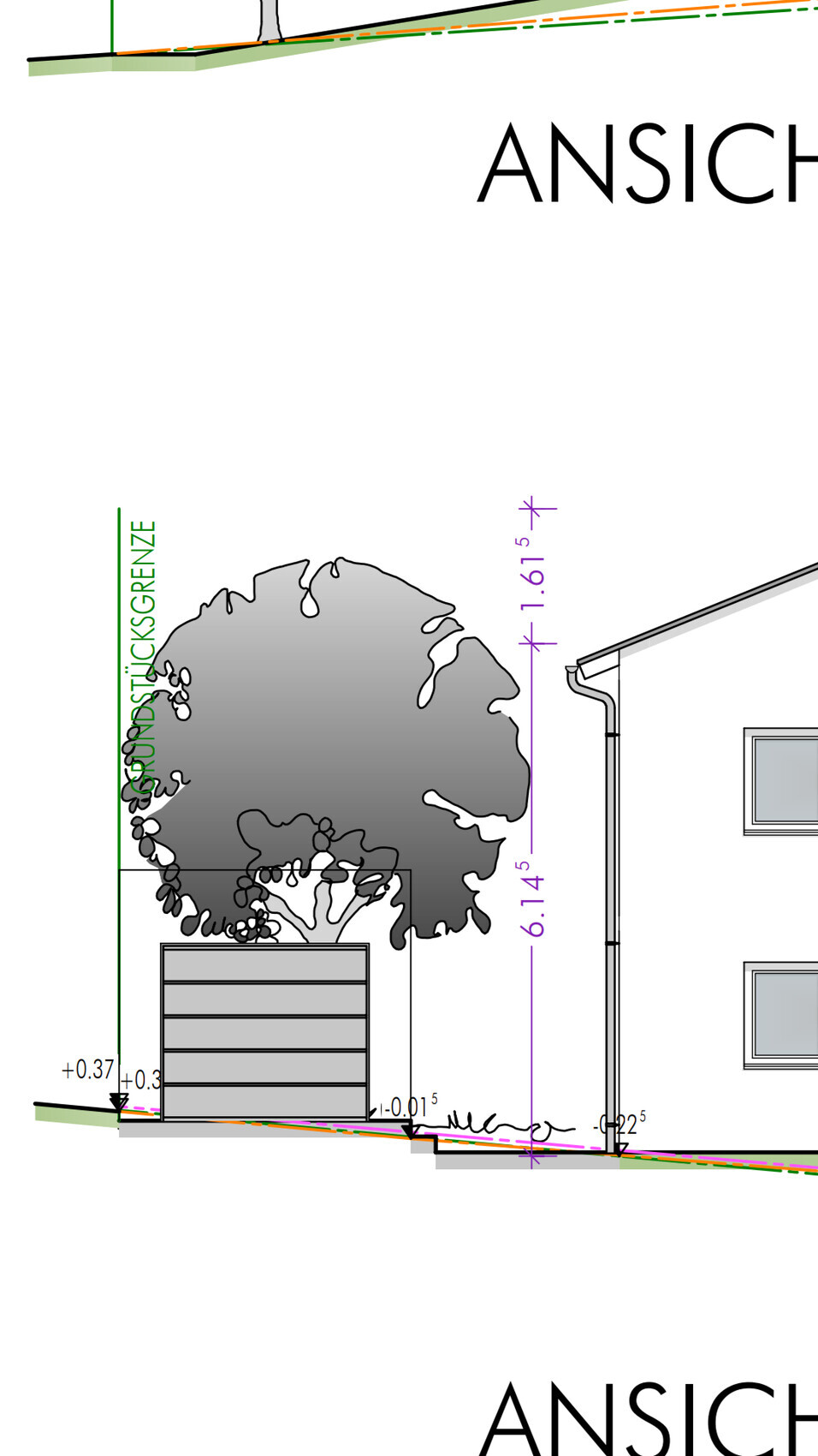 Grundstücksplan mit Gebäude, Garage, Baum, Grenzlinien und Maßen.