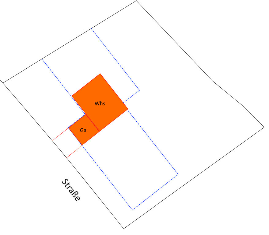 Grundriss: Wohnhaus (Whs) und Garage (Ga) in Orange; Straßenlage, blaue Umrisse.