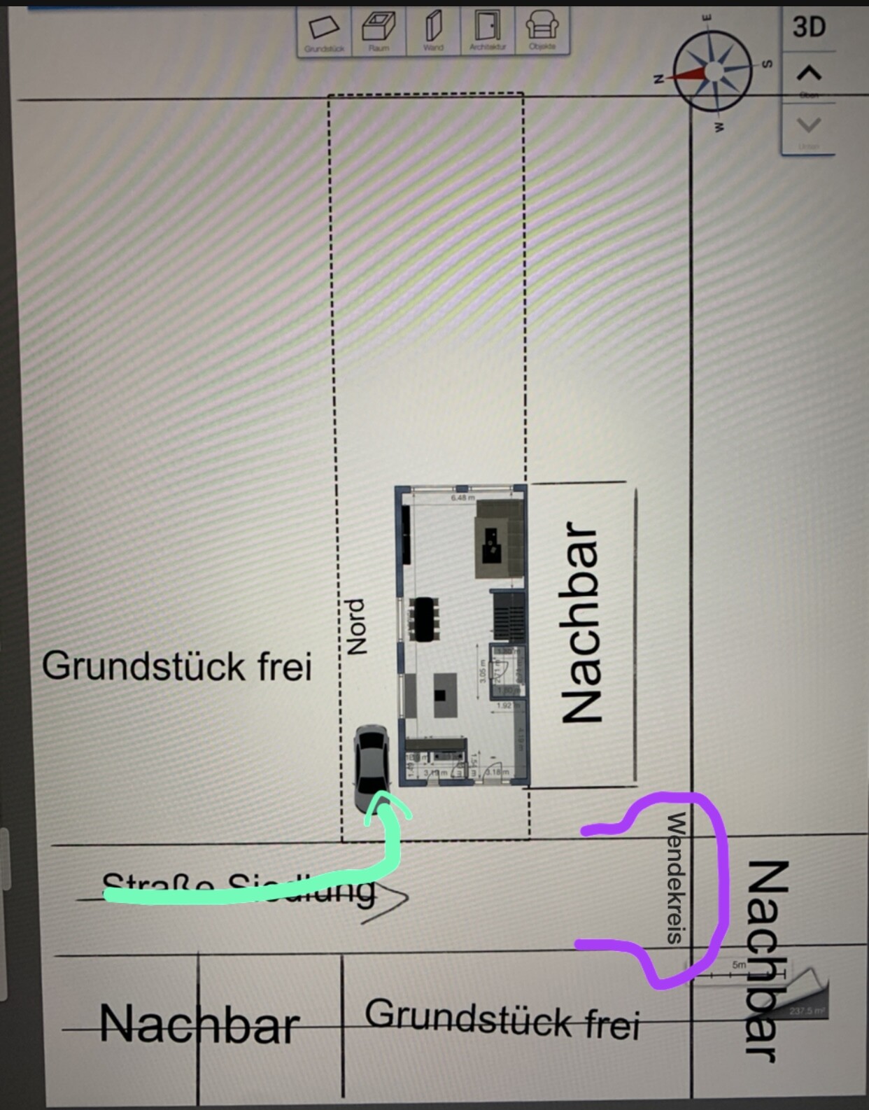 Lageplan eines Grundstücks mit Hausgrundriss, Nachbarn, Wendeplatz und Straße.