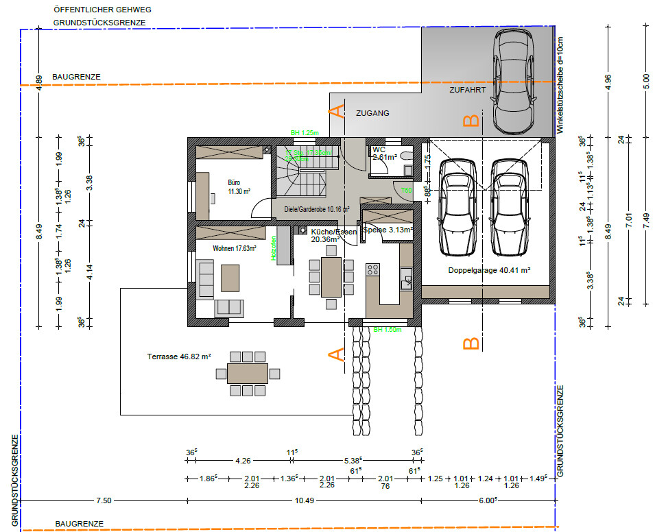 Grundriss eines Hauses mit Doppelgarage, Terrasse sowie Wohn-, Küchen- und Büroflächen.