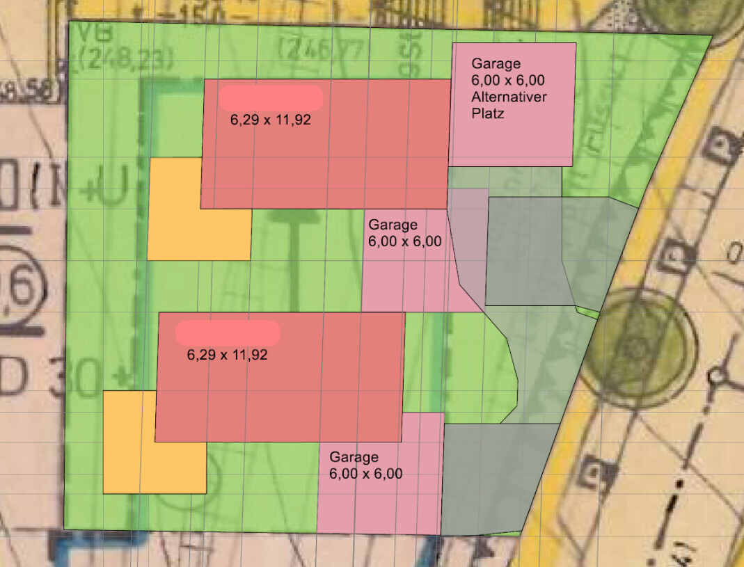 Lageplan: farbige Parzellen; Garagenflächen 6,00 × 6,00 m und 6,29 × 11,92 m; grüne Flächen rechts.