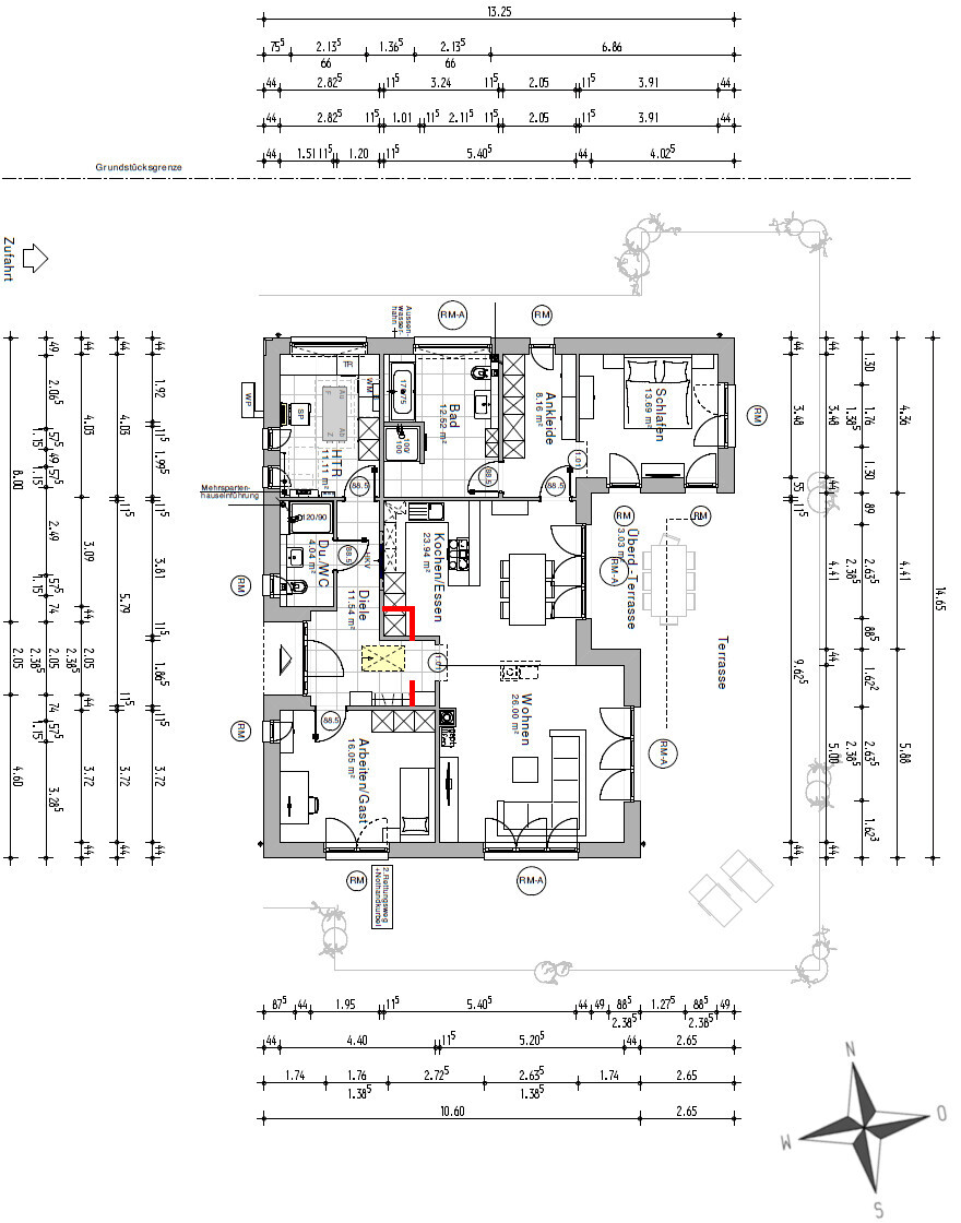 Grundriss eines Hauses mit Wohn- und Essbereich, Küche, Schlafzimmer, Bad, Terrasse und Garten.