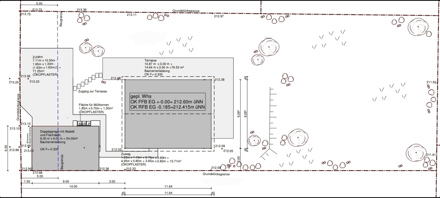 Lageplan des Grundstücks mit Gebäude, Terrasse, Zufahrt, Bepflanzung und Grenzlinien.