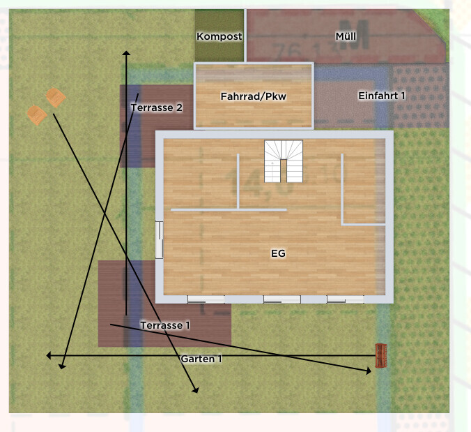 Grundriss: EG-Haus mit Terrasse 1 und 2, Garten, Fahrrad/Pkw, Einfahrt, Müll, Kompost