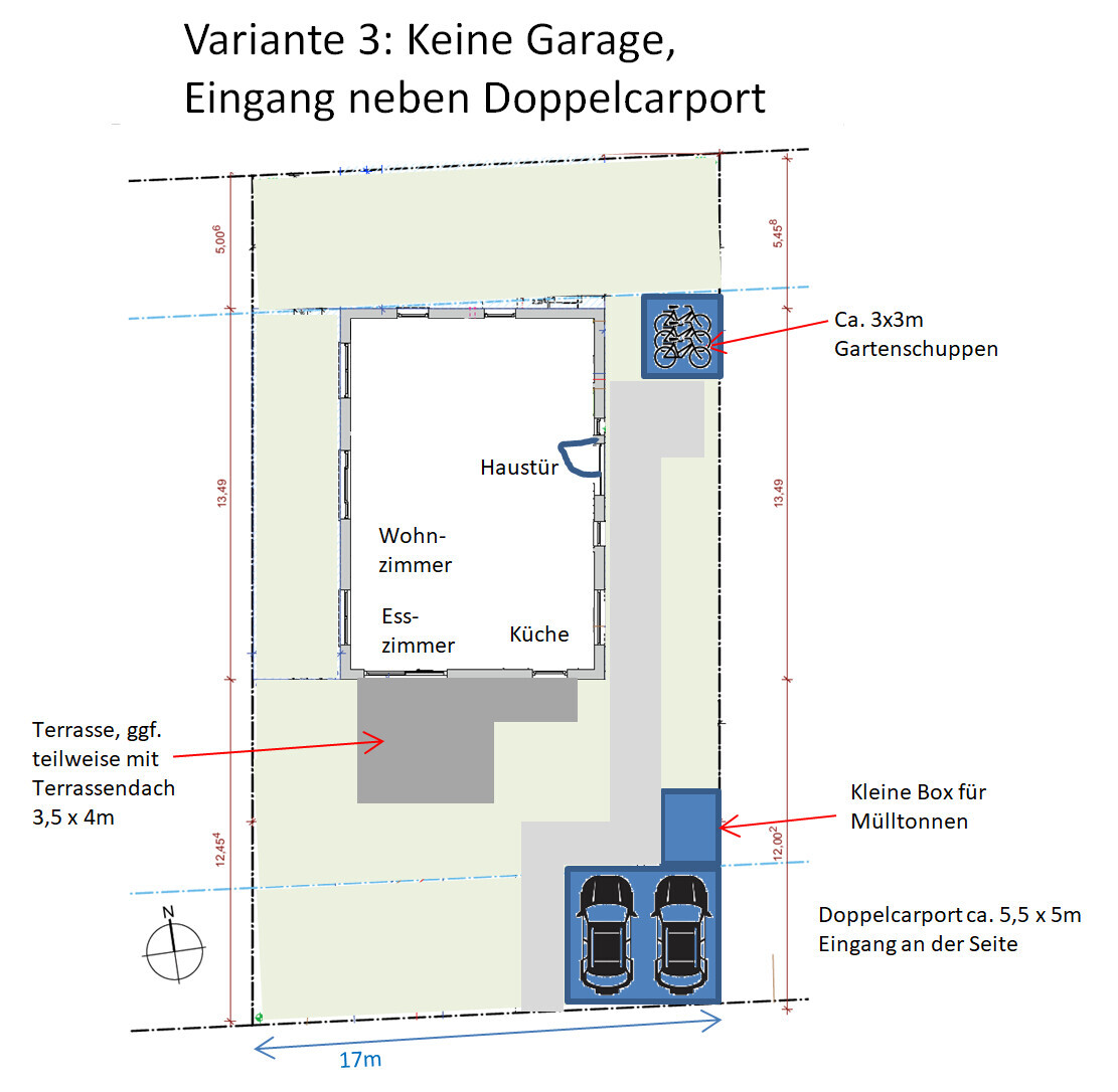Grundriss eines Hauses: Eingang neben Doppelcarport, Terrasse, Gartenschuppen und Müllbox.